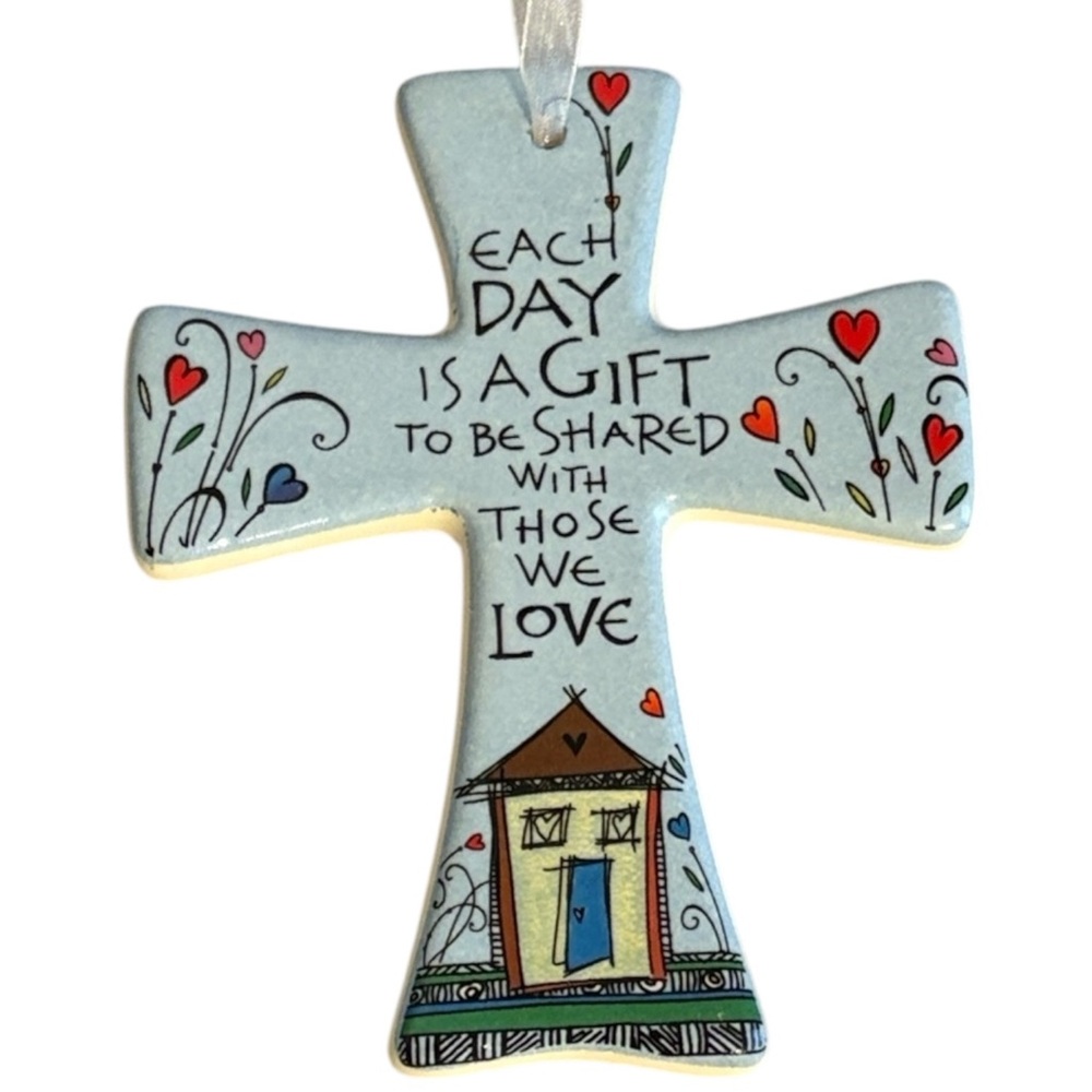 Mardel Decorative Cross “Each Day Is A Gift To Be Shared” Ceramic Blue Multi 5”L